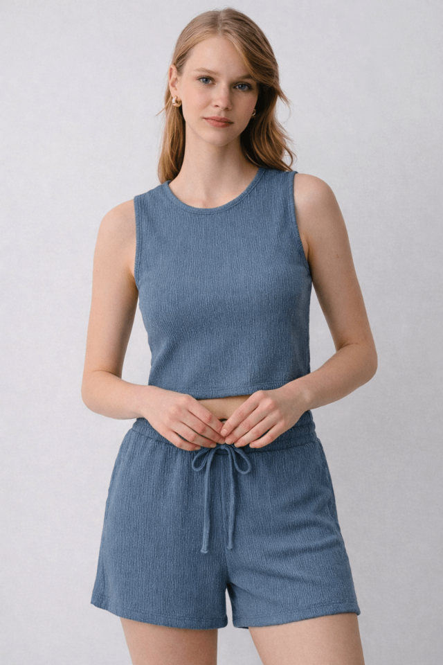 Kadın Bürümcük Basic Askılı Crop Kısa Şort Alt Üst Şortlu Takım