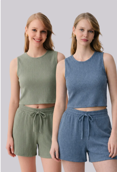 Kadın Bürümcük Basic Askılı Crop Kısa Şort Alt Üst Şortlu Takım